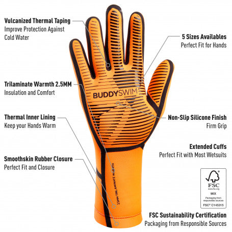 Buddyswim Neoprene Swim Gloves Trilaminate Warmth 2.5mm Orange